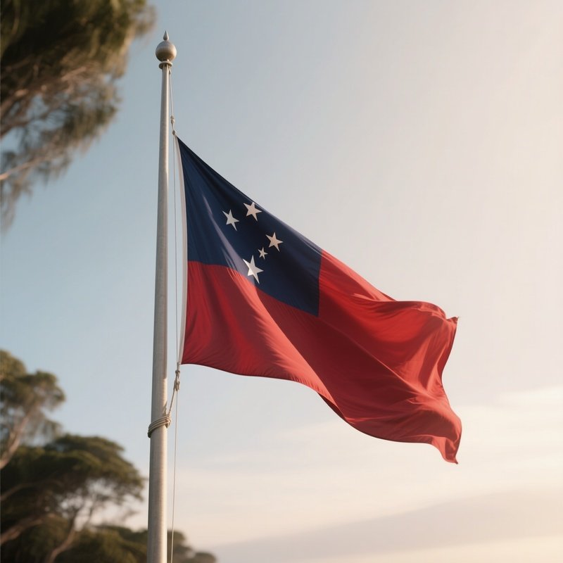 A Photorealistic Scene Of The National Flag Of Samoa Flying At Half Mast On A Tall Flagpole, Gently Lowering In The Wind Against A Respectful, Calm Backdrop With Soft Natural Lighting.