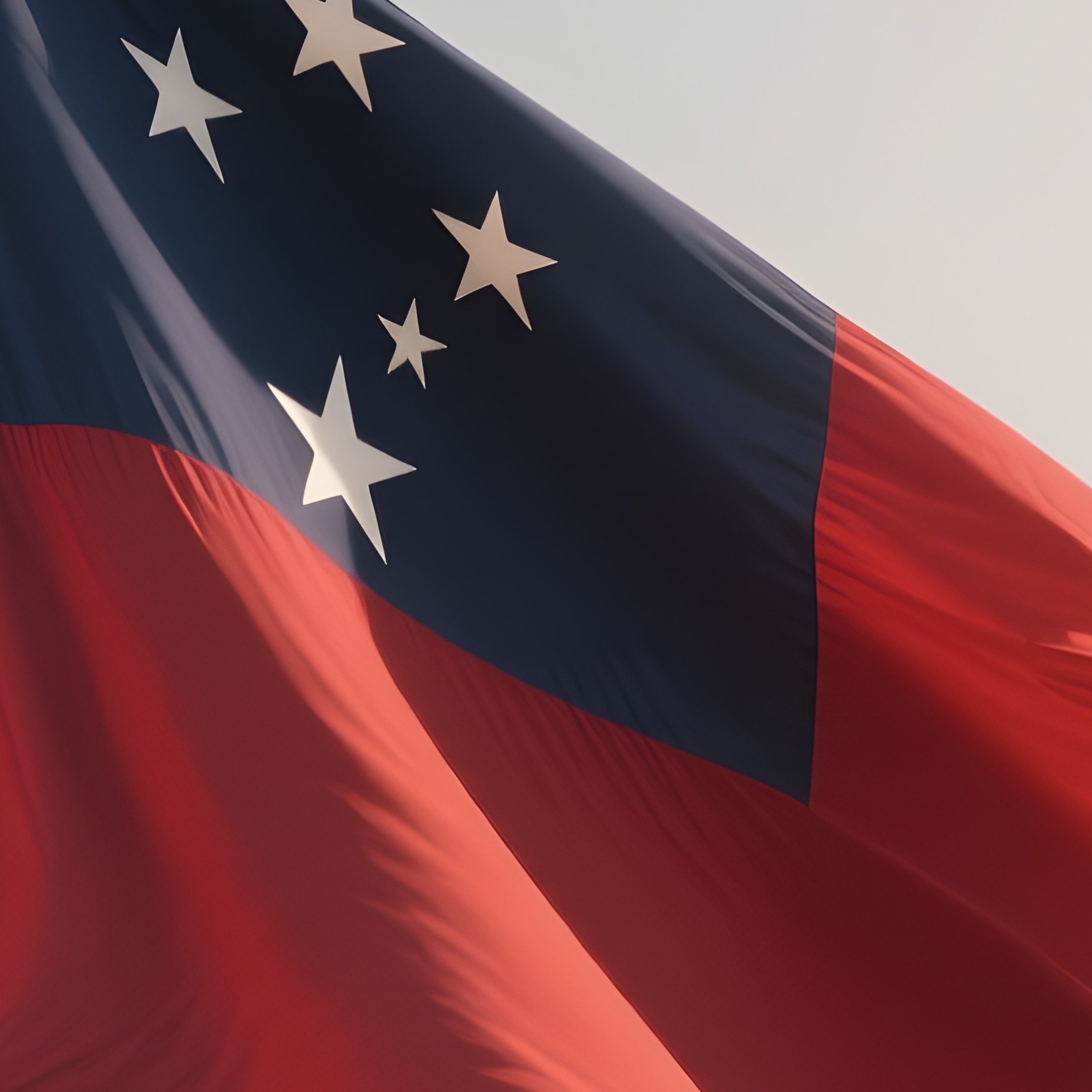 A Photorealistic Scene Of The National Flag Of Samoa Flying At Half Mast On A Tall Flagpole, Gently Lowering In The Wind Against A Respectful, Calm Backdrop With Soft Natural Lighting. - Full Resolution Quality Preview