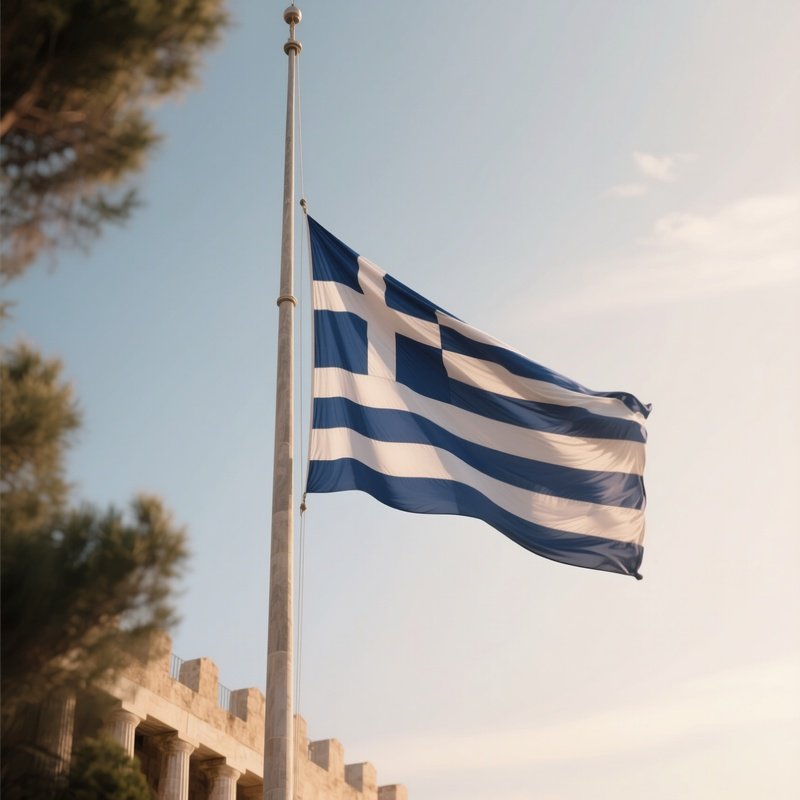 A Photorealistic Scene Of The National Flag Of Greece Flying At Half Mast On A Tall Flagpole, Gently Lowering In The Wind Against A Respectful, Calm Backdrop With Soft Natural Lighting.