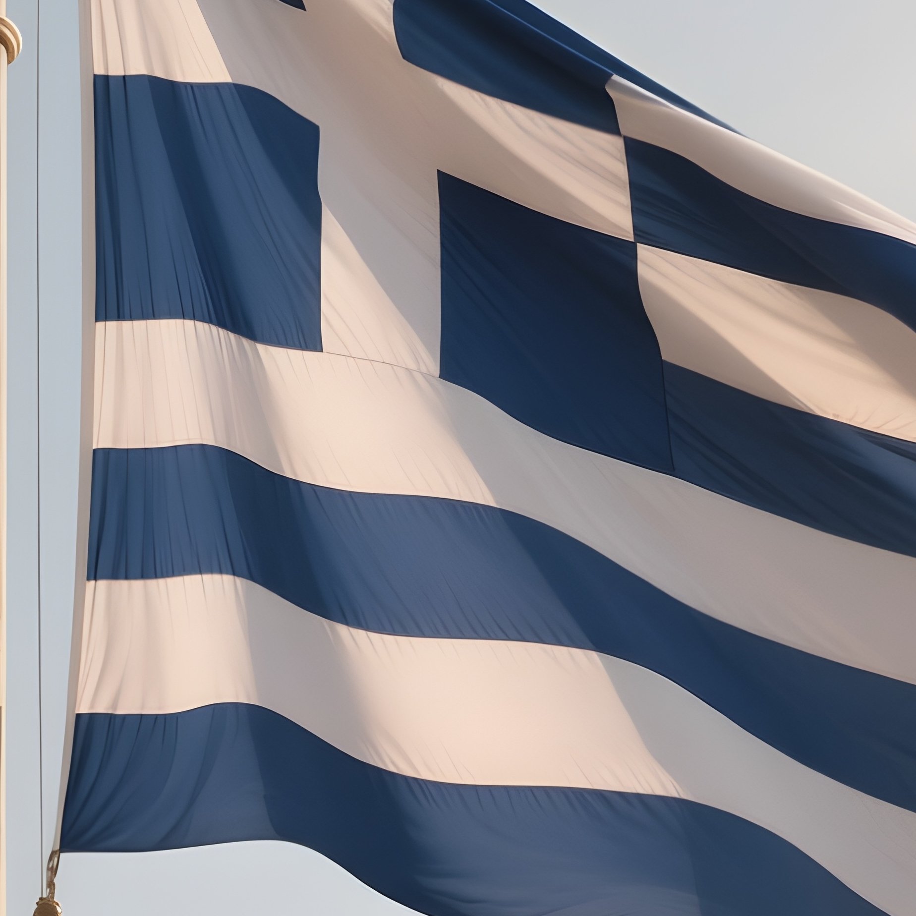 A Photorealistic Scene Of The National Flag Of Greece Flying At Half Mast On A Tall Flagpole, Gently Lowering In The Wind Against A Respectful, Calm Backdrop With Soft Natural Lighting. - Full Resolution Quality Preview