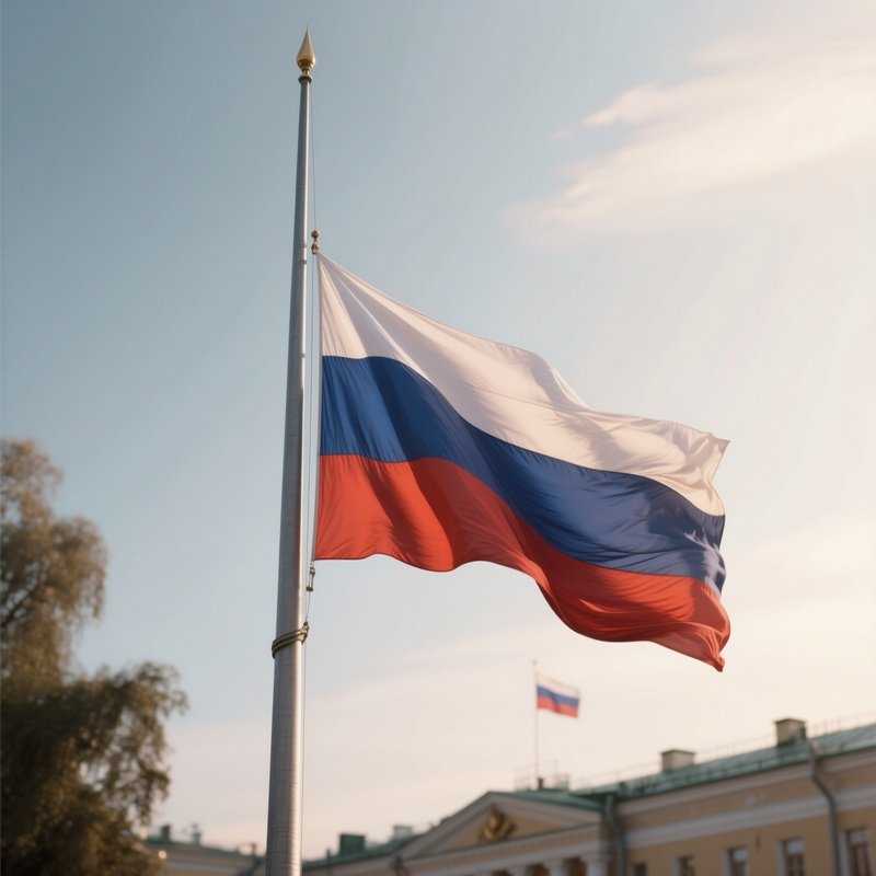 A Photorealistic Scene Of The National Flag Of Russia Flying At Half Mast On A Tall Flagpole, Gently Lowering In The Wind Against A Respectful, Calm Backdrop With Soft Natural Lighting.