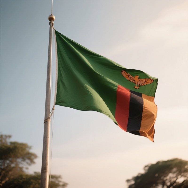 A Photorealistic Scene Of The National Flag Of Zambia Flying At Half Mast On A Tall Flagpole, Gently Lowering In The Wind Against A Respectful, Calm Backdrop With Soft Natural Lighting.