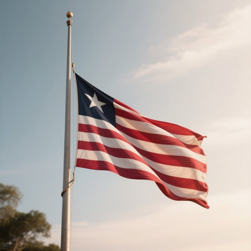 A Photorealistic Scene Of The National Flag Of Liberia Flying At Half Mast On A Tall Flagpole, Gently Lowering In The Wind Against A Respectful, Calm Backdrop With Soft Natural Lighting.