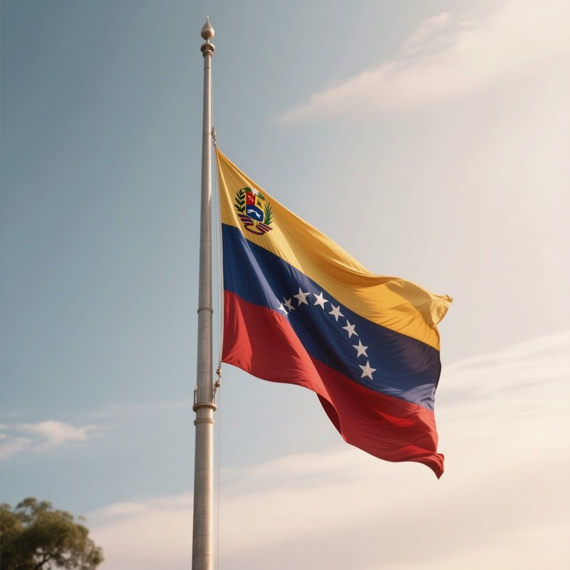 A Photorealistic Scene Of The National Flag Of Venezuela Flying At Half Mast On A Tall Flagpole, Gently Lowering In The Wind Against A Respectful, Calm Backdrop With Soft Natural Lighting.