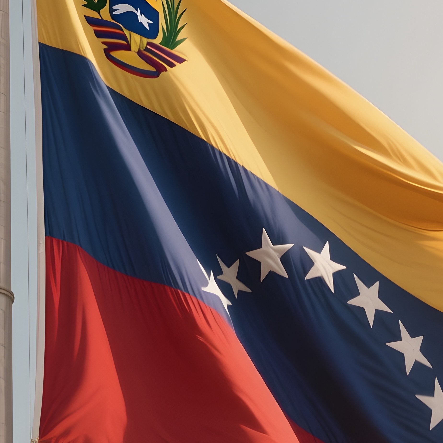 A Photorealistic Scene Of The National Flag Of Venezuela Flying At Half Mast On A Tall Flagpole, Gently Lowering In The Wind Against A Respectful, Calm Backdrop With Soft Natural Lighting. - Full Resolution Quality Preview