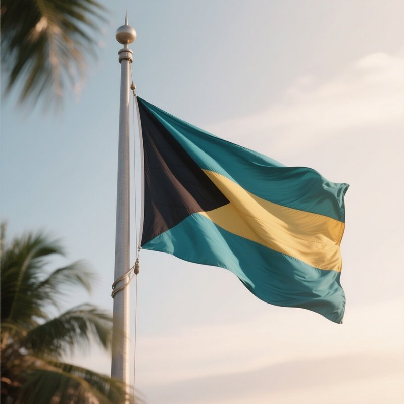 A Photorealistic Scene Of The National Flag Of Bahamas Flying At Half Mast On A Tall Flagpole, Gently Lowering In The Wind Against A Respectful, Calm Backdrop With Soft Natural Lighting.