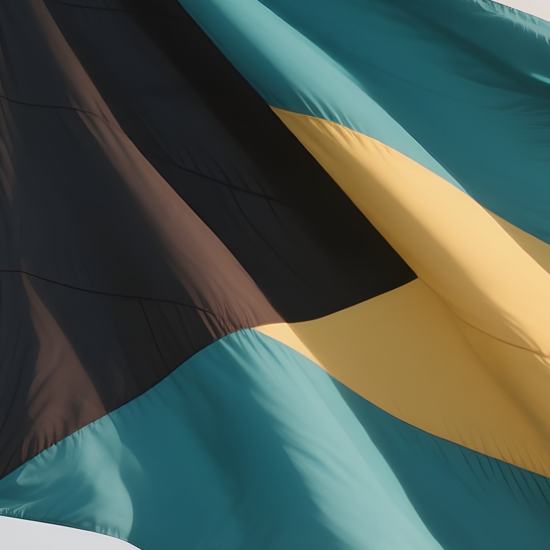 A Photorealistic Scene Of The National Flag Of Bahamas Flying At Half Mast On A Tall Flagpole, Gently Lowering In The Wind Against A Respectful, Calm Backdrop With Soft Natural Lighting. - Full Resolution Quality Preview