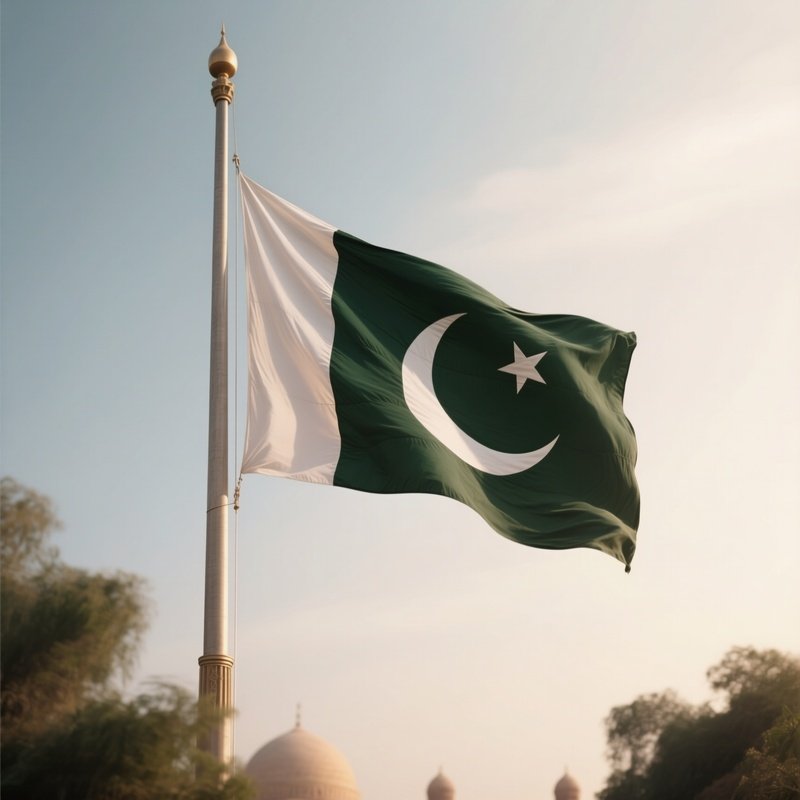 A Photorealistic Scene Of The National Flag Of Pakistan Flying At Half Mast On A Tall Flagpole, Gently Lowering In The Wind Against A Respectful, Calm Backdrop With Soft Natural Lighting.