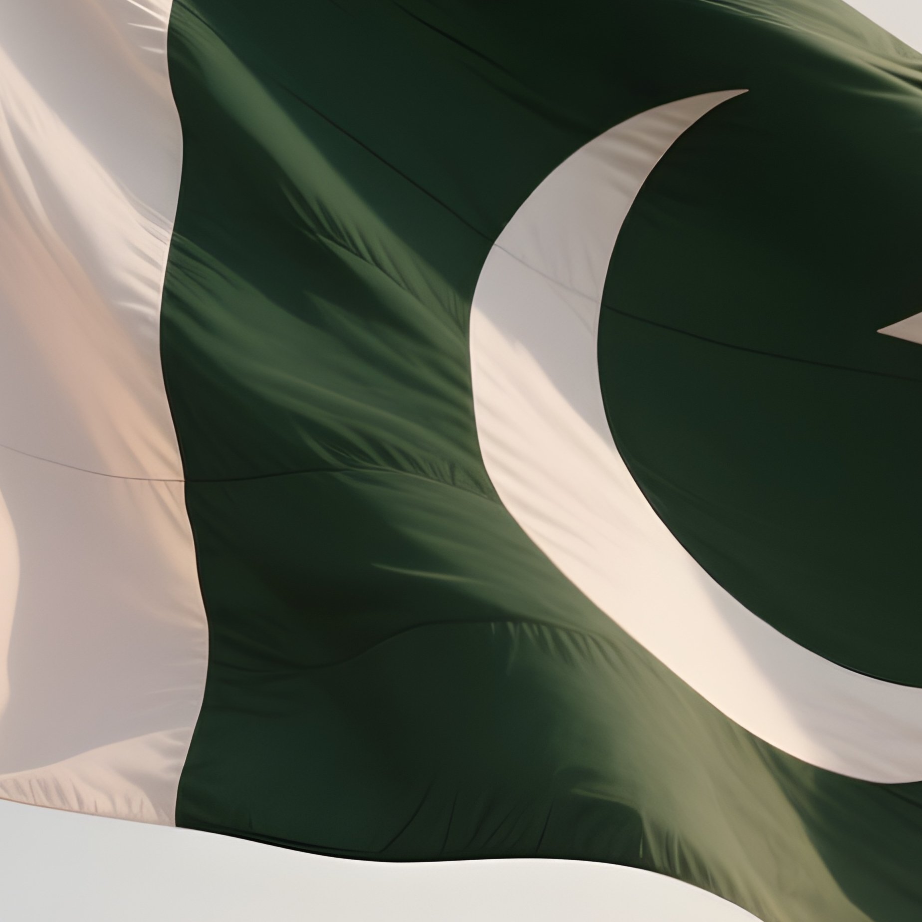 A Photorealistic Scene Of The National Flag Of Pakistan Flying At Half Mast On A Tall Flagpole, Gently Lowering In The Wind Against A Respectful, Calm Backdrop With Soft Natural Lighting. - Full Resolution Quality Preview