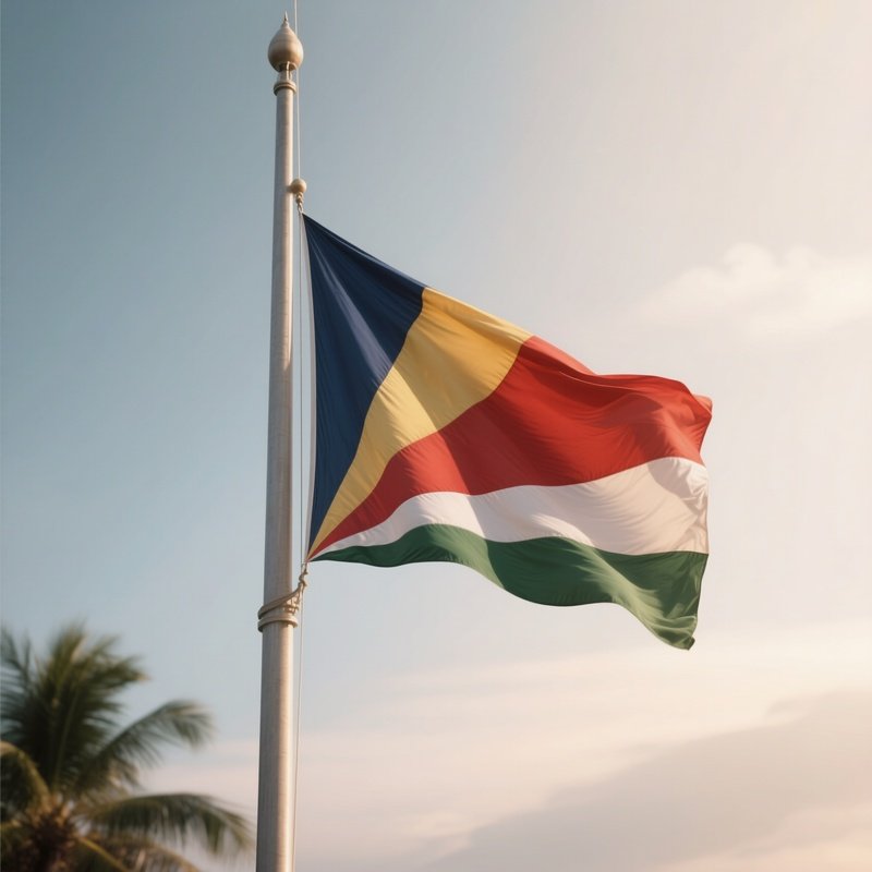 A Photorealistic Scene Of The National Flag Of Seychelles Flying At Half Mast On A Tall Flagpole, Gently Lowering In The Wind Against A Respectful, Calm Backdrop With Soft Natural Lighting.