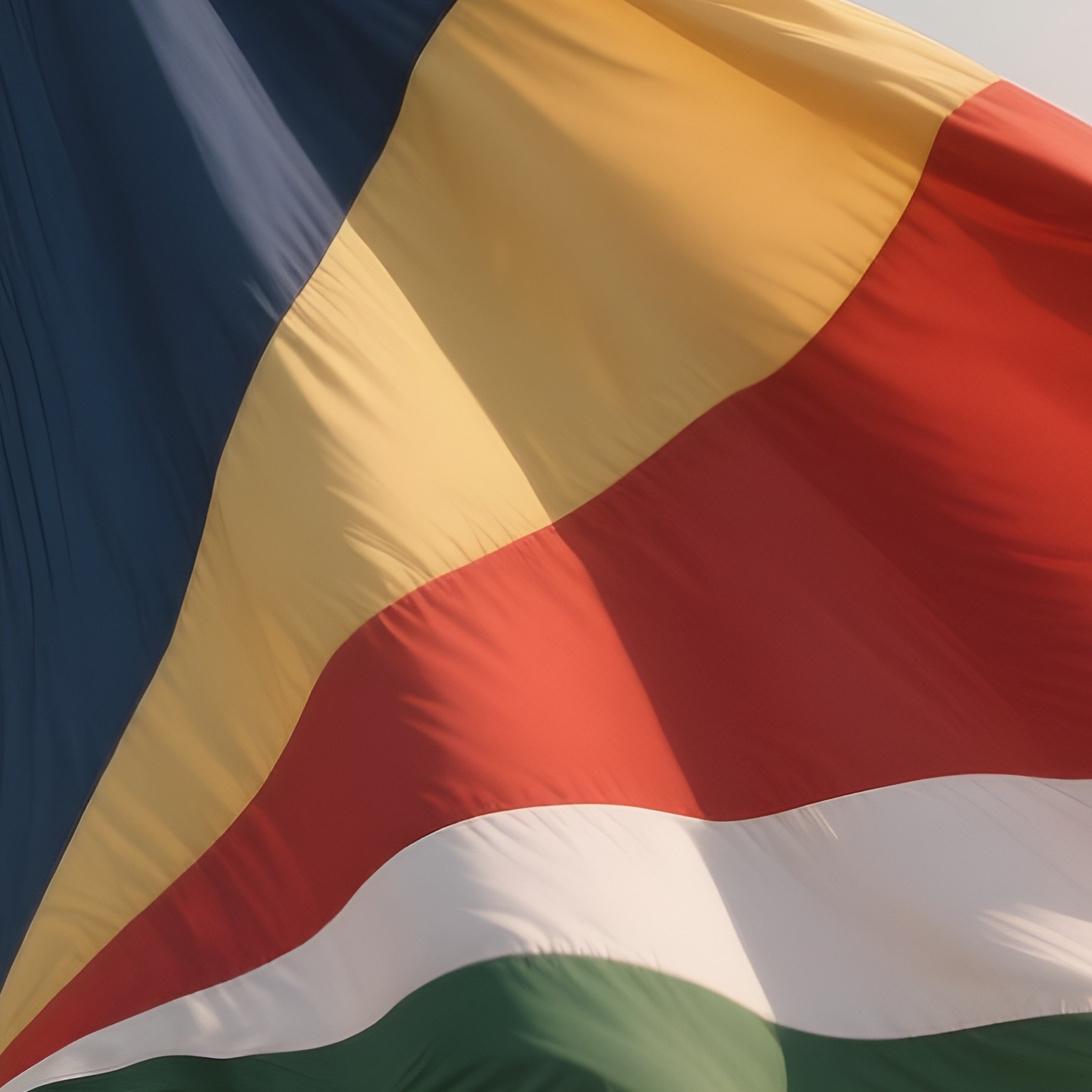 A Photorealistic Scene Of The National Flag Of Seychelles Flying At Half Mast On A Tall Flagpole, Gently Lowering In The Wind Against A Respectful, Calm Backdrop With Soft Natural Lighting. - Full Resolution Quality Preview