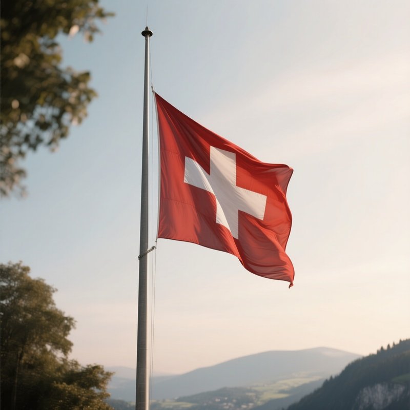 A Photorealistic Scene Of The National Flag Of Switzerland Flying At Half Mast On A Tall Flagpole, Gently Lowering In The Wind Against A Respectful, Calm Backdrop With Soft Natural Lighting.