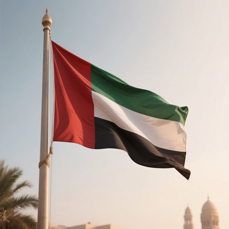 A Photorealistic Scene Of The National Flag Of United Arab Emirates Flying At Half Mast On A Tall Flagpole, Gently Lowering In The Wind Against A Respectful, Calm Backdrop With Soft Natural Lighting.