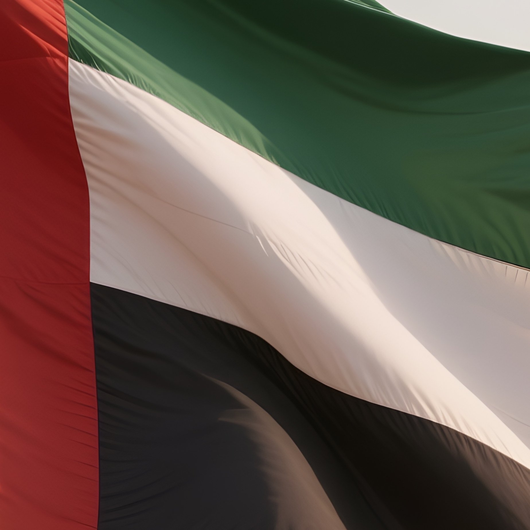 A Photorealistic Scene Of The National Flag Of United Arab Emirates Flying At Half Mast On A Tall Flagpole, Gently Lowering In The Wind Against A Respectful, Calm Backdrop With Soft Natural Lighting. - Full Resolution Quality Preview