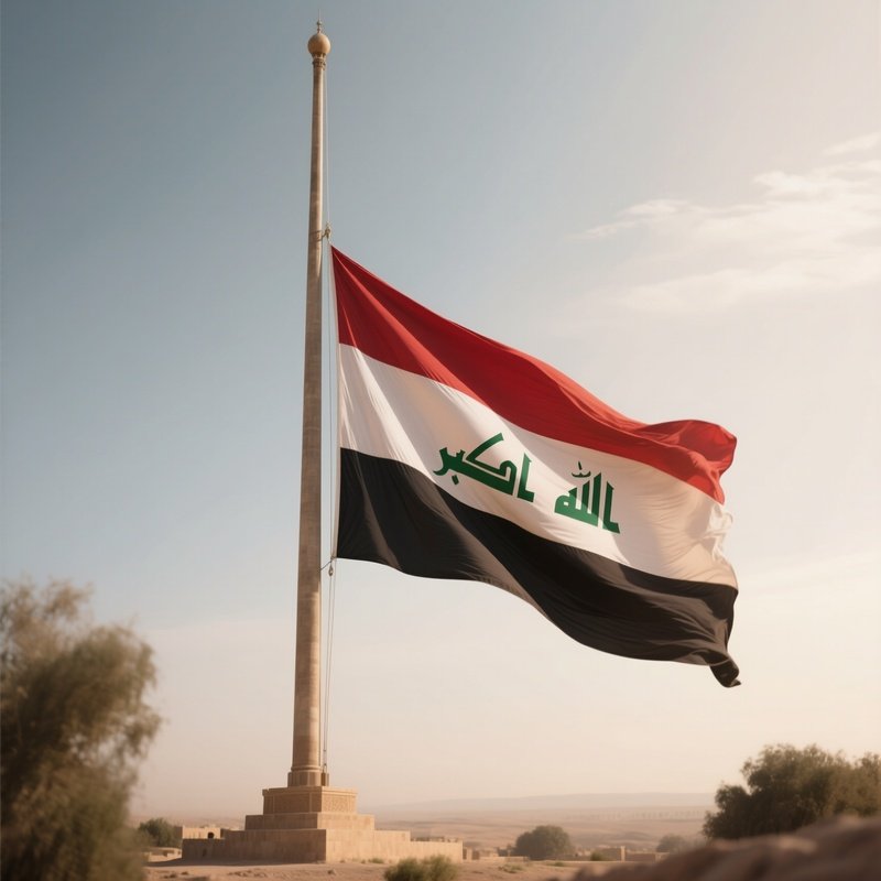 A Photorealistic Scene Of The National Flag Of Iraq Flying At Half Mast On A Tall Flagpole, Gently Lowering In The Wind Against A Respectful, Calm Backdrop With Soft Natural Lighting.