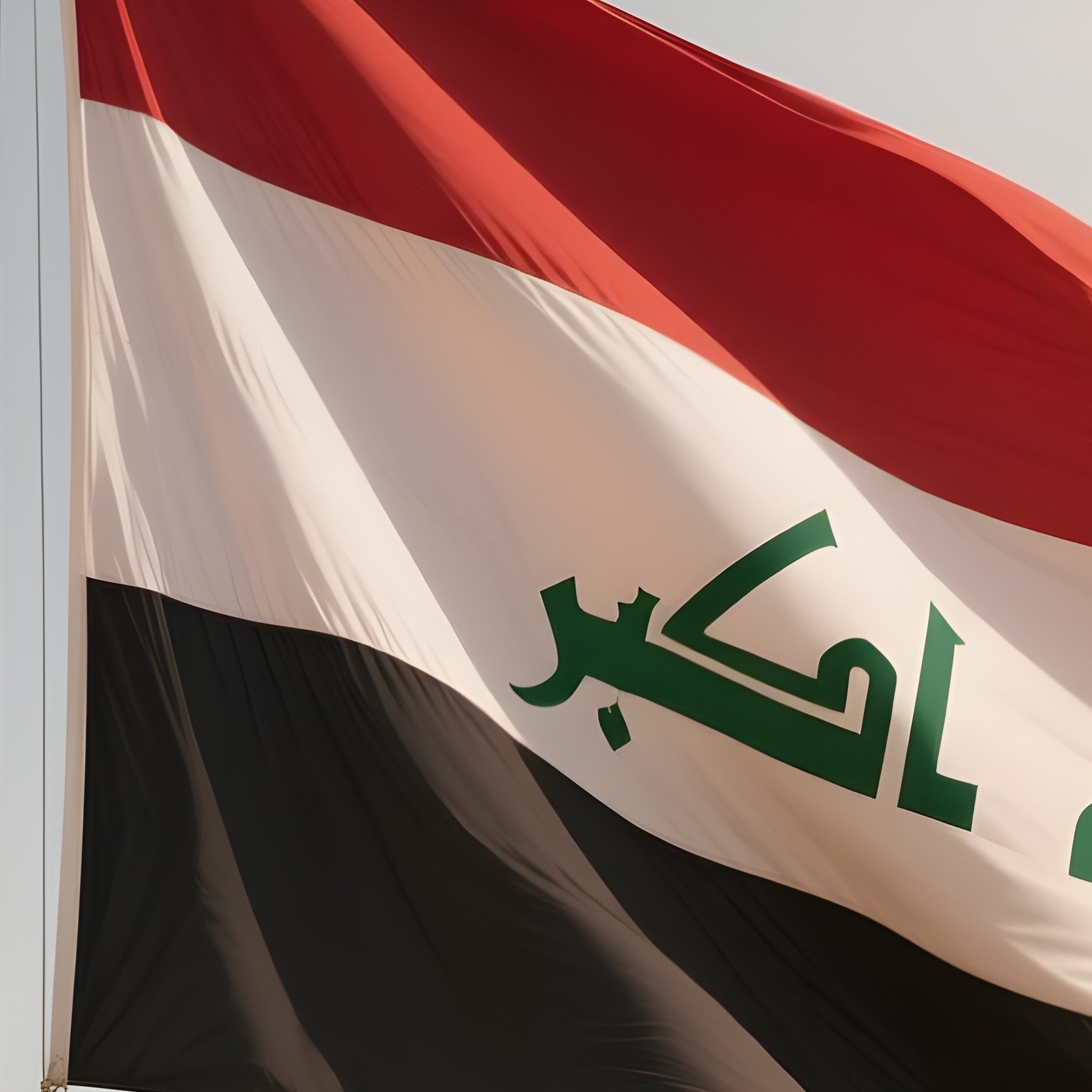 A Photorealistic Scene Of The National Flag Of Iraq Flying At Half Mast On A Tall Flagpole, Gently Lowering In The Wind Against A Respectful, Calm Backdrop With Soft Natural Lighting. - Full Resolution Quality Preview