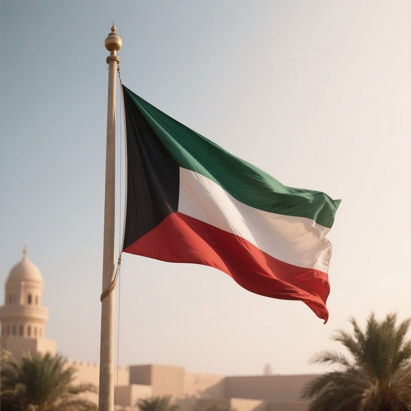 A Photorealistic Scene Of The National Flag Of Kuwait Flying At Half Mast On A Tall Flagpole, Gently Lowering In The Wind Against A Respectful, Calm Backdrop With Soft Natural Lighting.