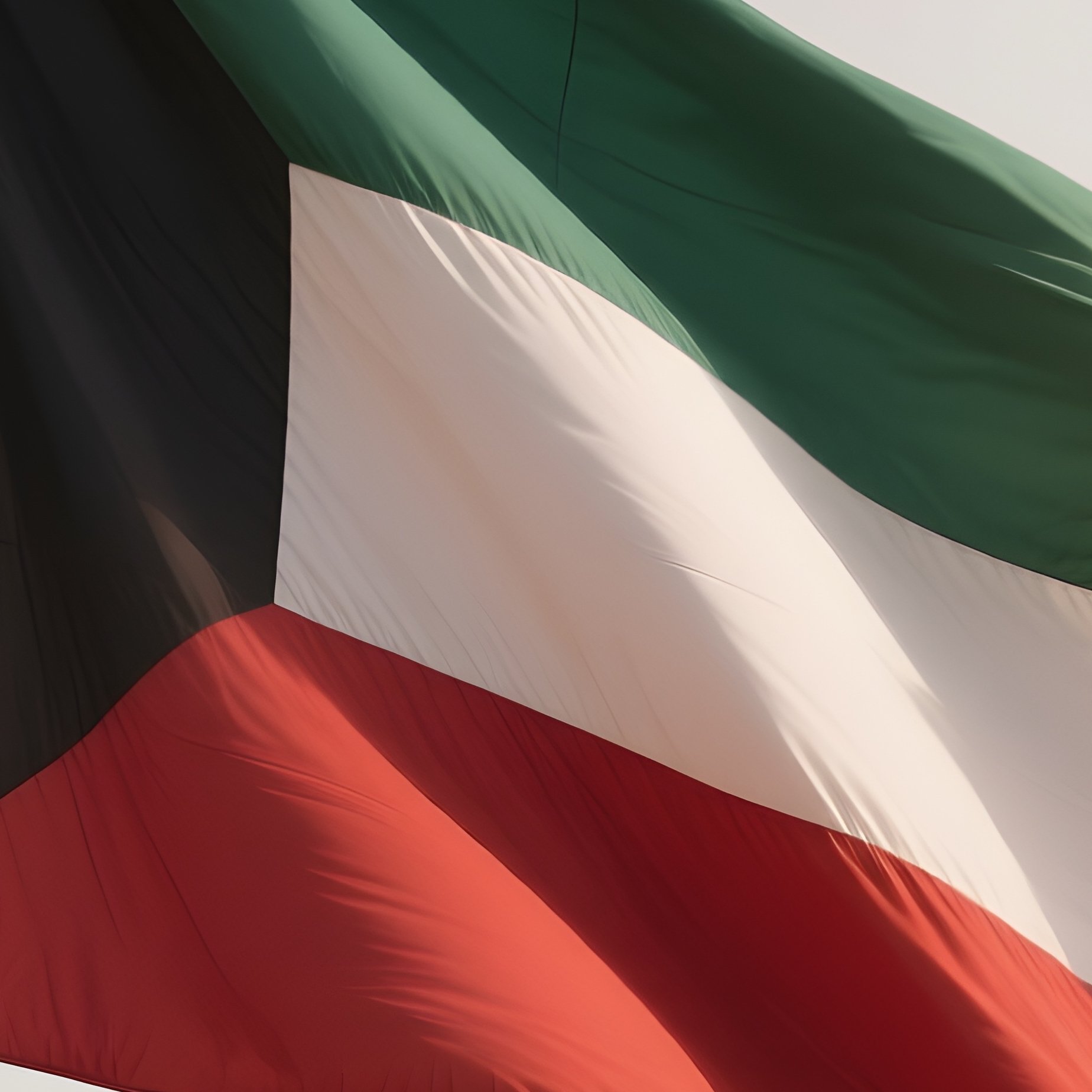 A Photorealistic Scene Of The National Flag Of Kuwait Flying At Half Mast On A Tall Flagpole, Gently Lowering In The Wind Against A Respectful, Calm Backdrop With Soft Natural Lighting. - Full Resolution Quality Preview