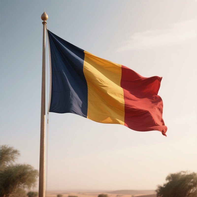 A Photorealistic Scene Of The National Flag Of Chad Flying At Half Mast On A Tall Flagpole, Gently Lowering In The Wind Against A Respectful, Calm Backdrop With Soft Natural Lighting.