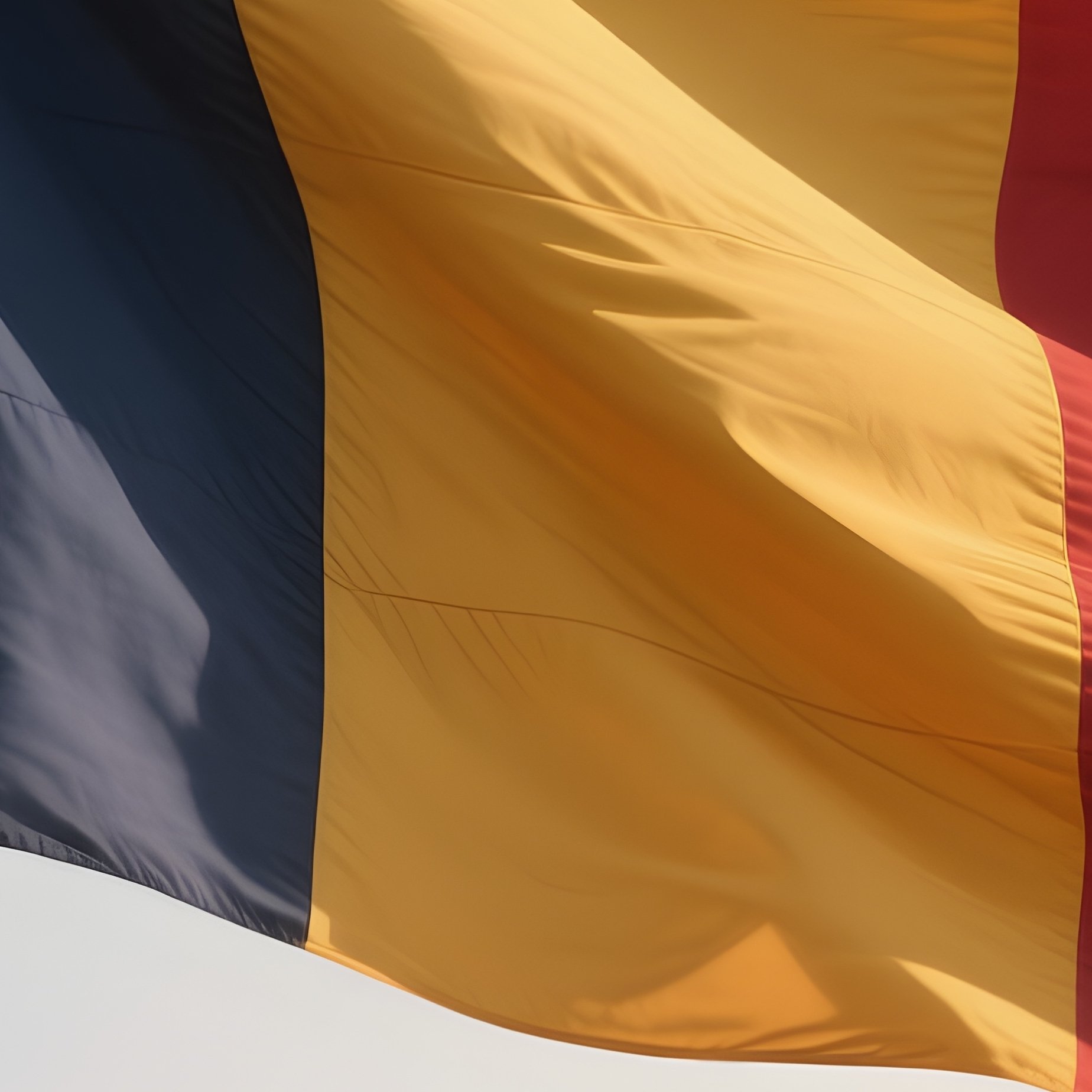 A Photorealistic Scene Of The National Flag Of Chad Flying At Half Mast On A Tall Flagpole, Gently Lowering In The Wind Against A Respectful, Calm Backdrop With Soft Natural Lighting. - Full Resolution Quality Preview