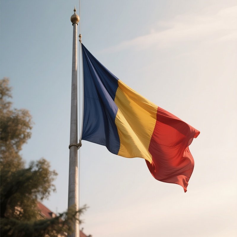 A Photorealistic Scene Of The National Flag Of Romania Flying At Half Mast On A Tall Flagpole, Gently Lowering In The Wind Against A Respectful, Calm Backdrop With Soft Natural Lighting.