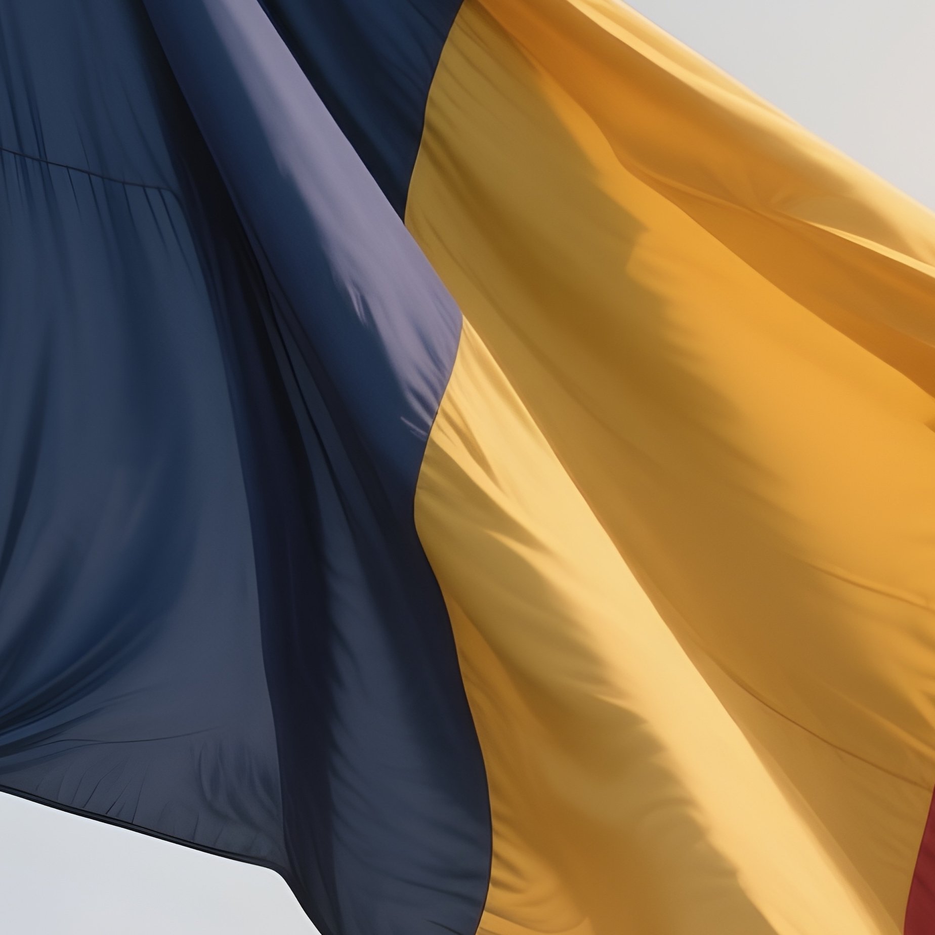 A Photorealistic Scene Of The National Flag Of Romania Flying At Half Mast On A Tall Flagpole, Gently Lowering In The Wind Against A Respectful, Calm Backdrop With Soft Natural Lighting. - Full Resolution Quality Preview
