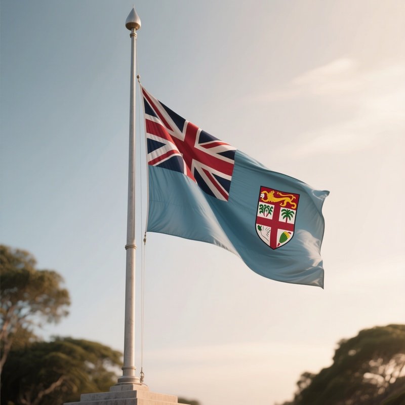 A Photorealistic Scene Of The National Flag Of Fiji Flying At Half Mast On A Tall Flagpole, Gently Lowering In The Wind Against A Respectful, Calm Backdrop With Soft Natural Lighting.