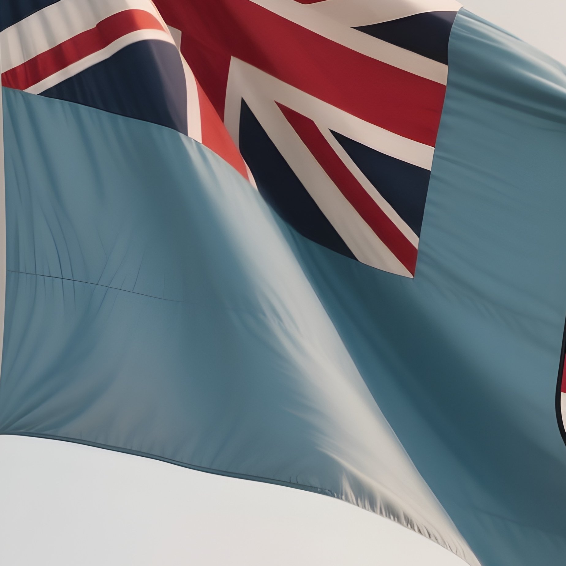 A Photorealistic Scene Of The National Flag Of Fiji Flying At Half Mast On A Tall Flagpole, Gently Lowering In The Wind Against A Respectful, Calm Backdrop With Soft Natural Lighting. - Full Resolution Quality Preview