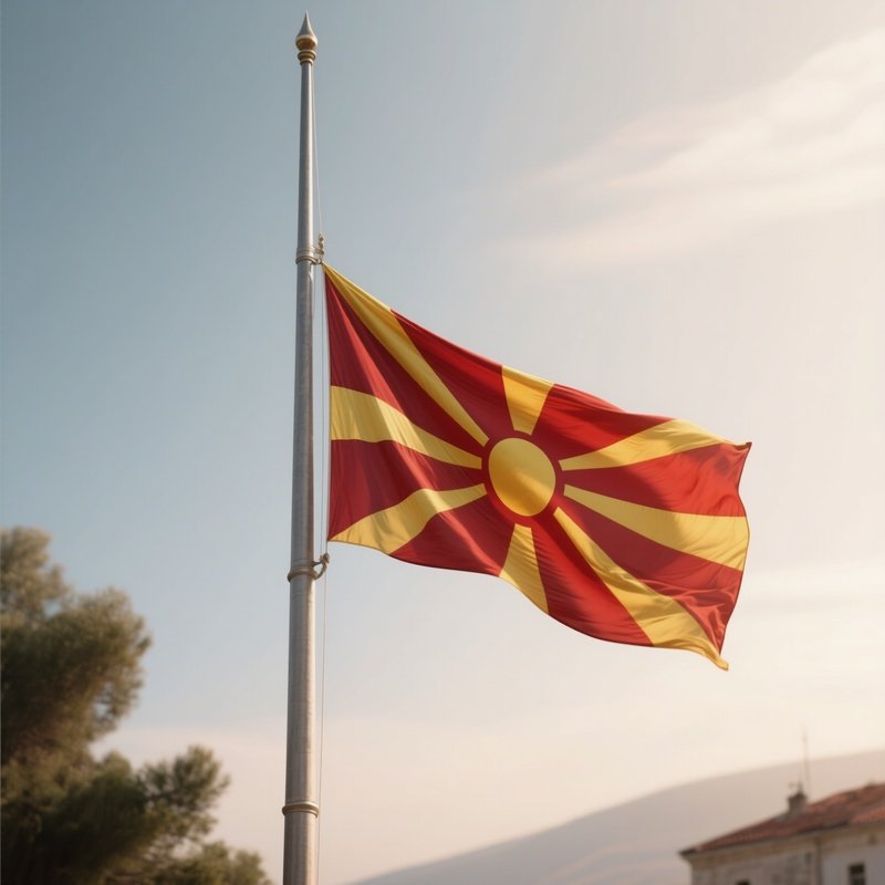 A Photorealistic Scene Of The National Flag Of North Macedonia Flying At Half Mast On A Tall Flagpole, Gently Lowering In The Wind Against A Respectful, Calm Backdrop With Soft Natural Lighting.