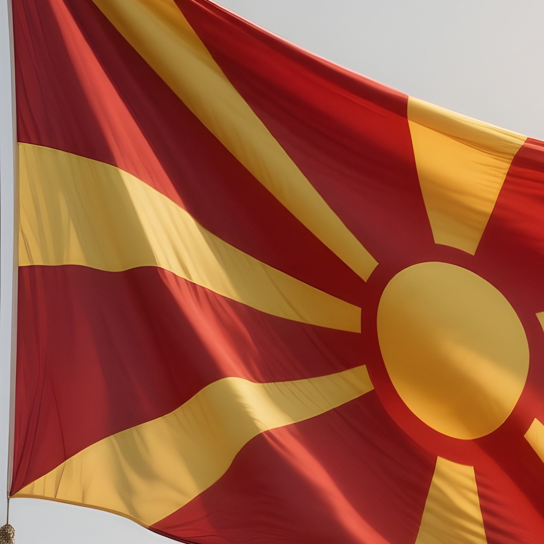 A Photorealistic Scene Of The National Flag Of North Macedonia Flying At Half Mast On A Tall Flagpole, Gently Lowering In The Wind Against A Respectful, Calm Backdrop With Soft Natural Lighting. - Full Resolution Quality Preview