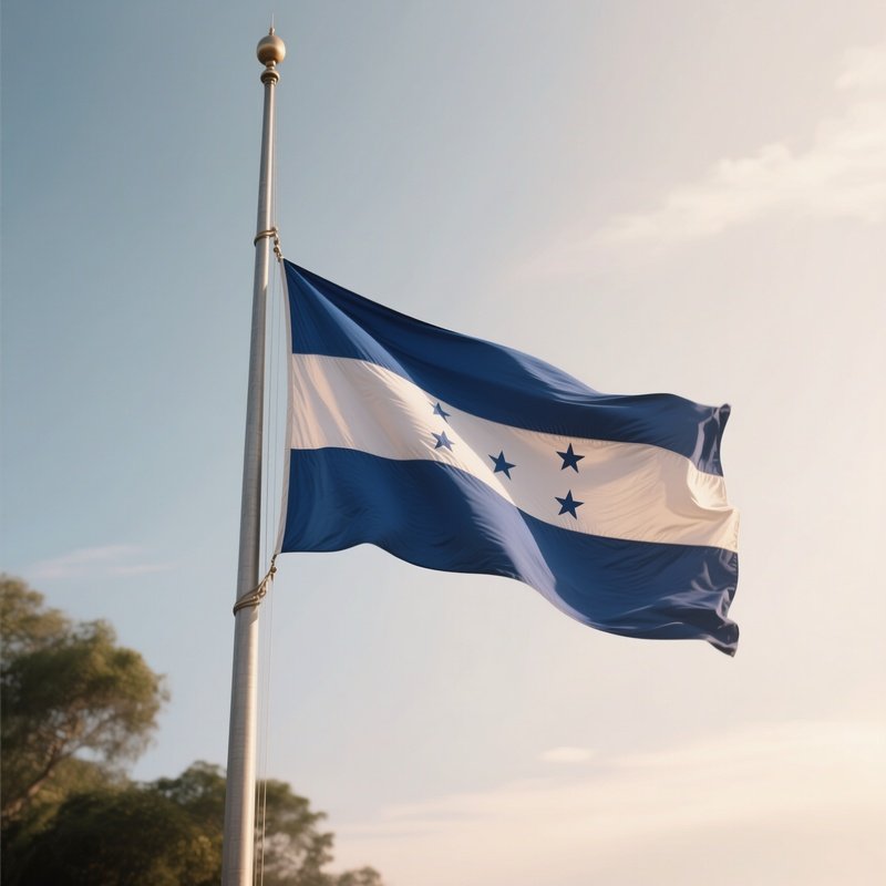 A Photorealistic Scene Of The National Flag Of Honduras Flying At Half Mast On A Tall Flagpole, Gently Lowering In The Wind Against A Respectful, Calm Backdrop With Soft Natural Lighting.