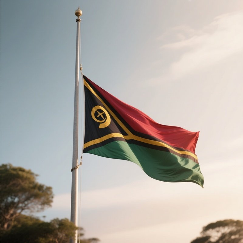 A Photorealistic Scene Of The National Flag Of Vanuatu Flying At Half Mast On A Tall Flagpole, Gently Lowering In The Wind Against A Respectful, Calm Backdrop With Soft Natural Lighting.