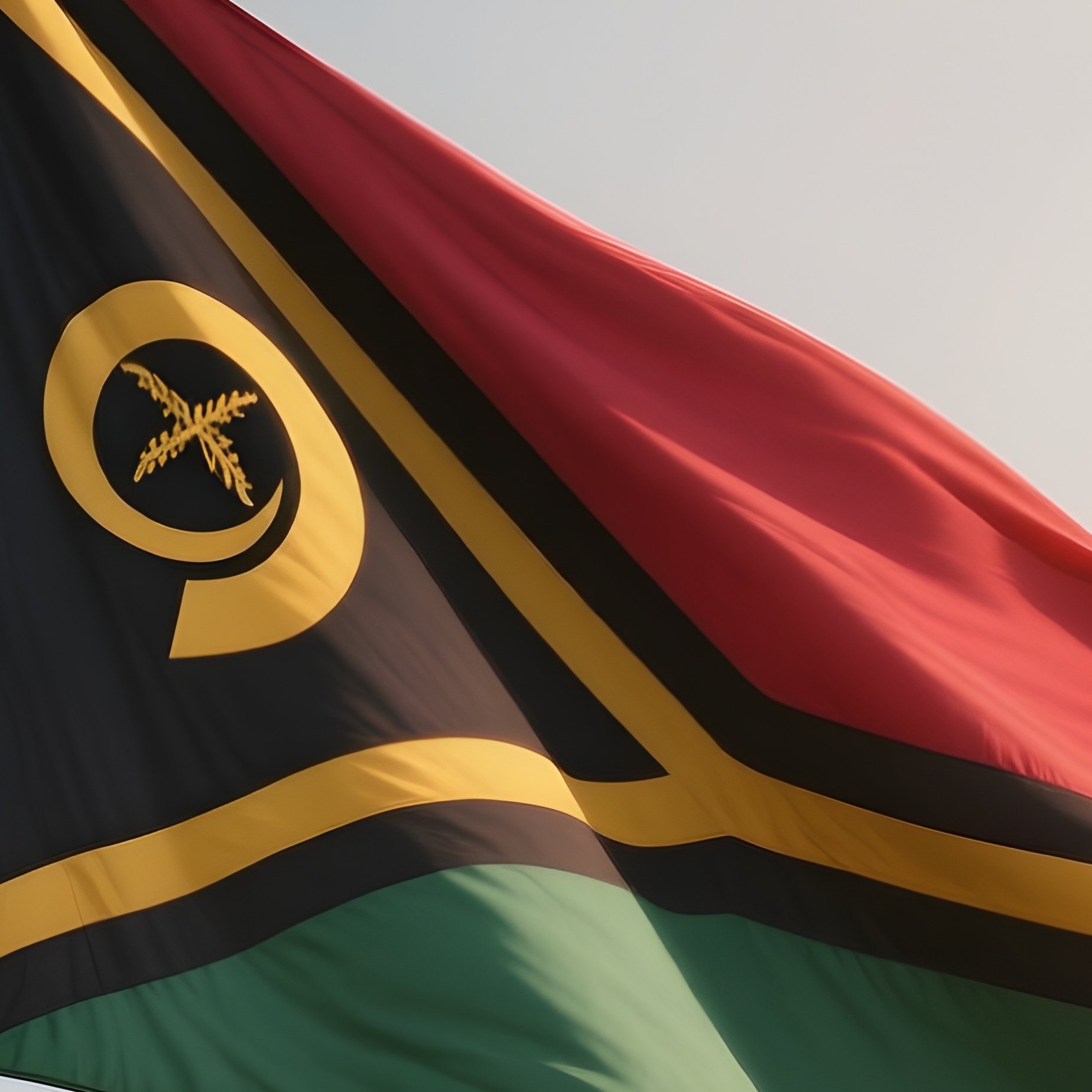 A Photorealistic Scene Of The National Flag Of Vanuatu Flying At Half Mast On A Tall Flagpole, Gently Lowering In The Wind Against A Respectful, Calm Backdrop With Soft Natural Lighting. - Full Resolution Quality Preview