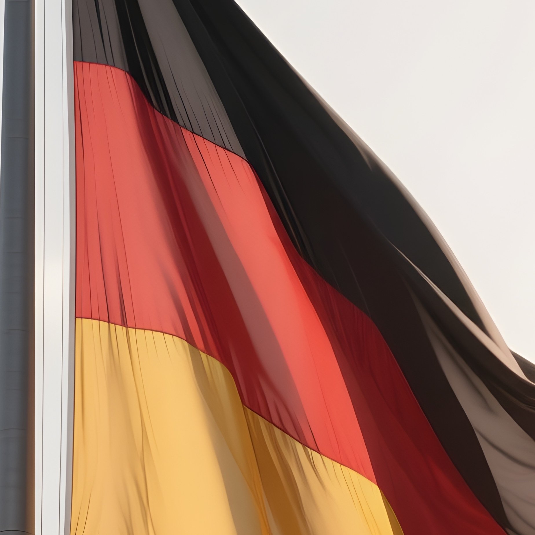 A Photorealistic Scene Of The National Flag Of Germany Flying At Half Mast On A Tall Flagpole, Gently Lowering In The Wind Against A Respectful, Calm Backdrop With Soft Natural Lighting. - Full Resolution Quality Preview