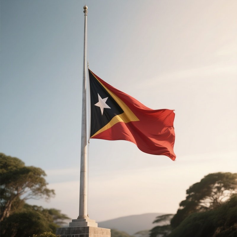 A Photorealistic Scene Of The National Flag Of Timor Leste Flying At Half Mast On A Tall Flagpole, Gently Lowering In The Wind Against A Respectful, Calm Backdrop With Soft Natural Lighting.