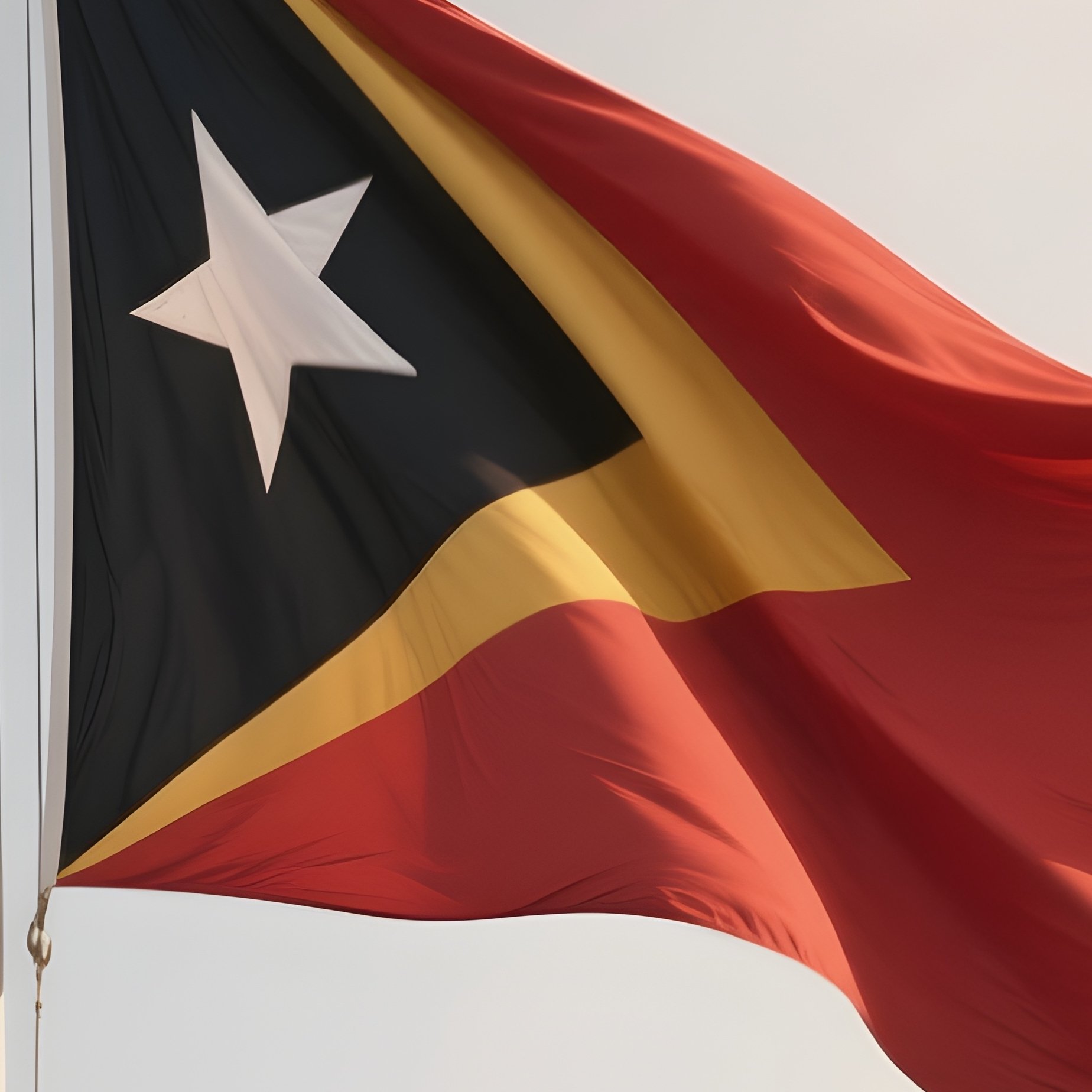 A Photorealistic Scene Of The National Flag Of Timor Leste Flying At Half Mast On A Tall Flagpole, Gently Lowering In The Wind Against A Respectful, Calm Backdrop With Soft Natural Lighting. - Full Resolution Quality Preview