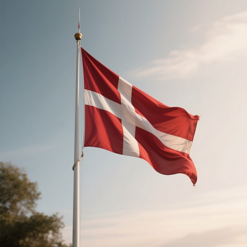 A Photorealistic Scene Of The National Flag Of Denmark Flying At Half Mast On A Tall Flagpole, Gently Lowering In The Wind Against A Respectful, Calm Backdrop With Soft Natural Lighting.
