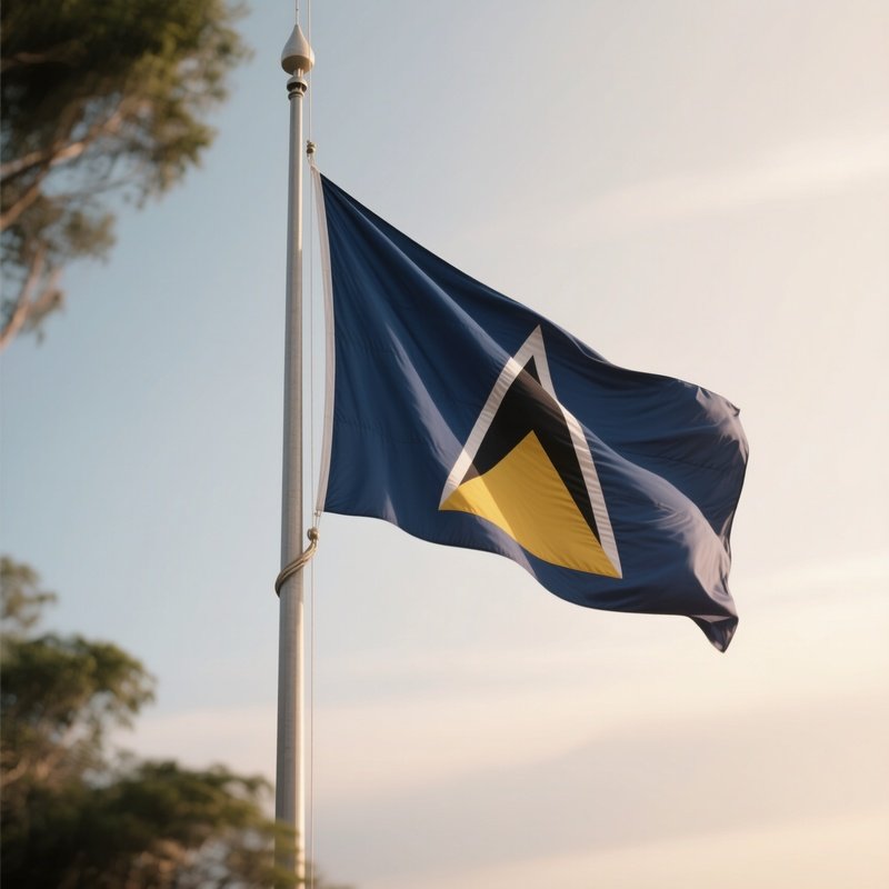 A Photorealistic Scene Of The National Flag Of Saint Lucia Flying At Half Mast On A Tall Flagpole, Gently Lowering In The Wind Against A Respectful, Calm Backdrop With Soft Natural Lighting.