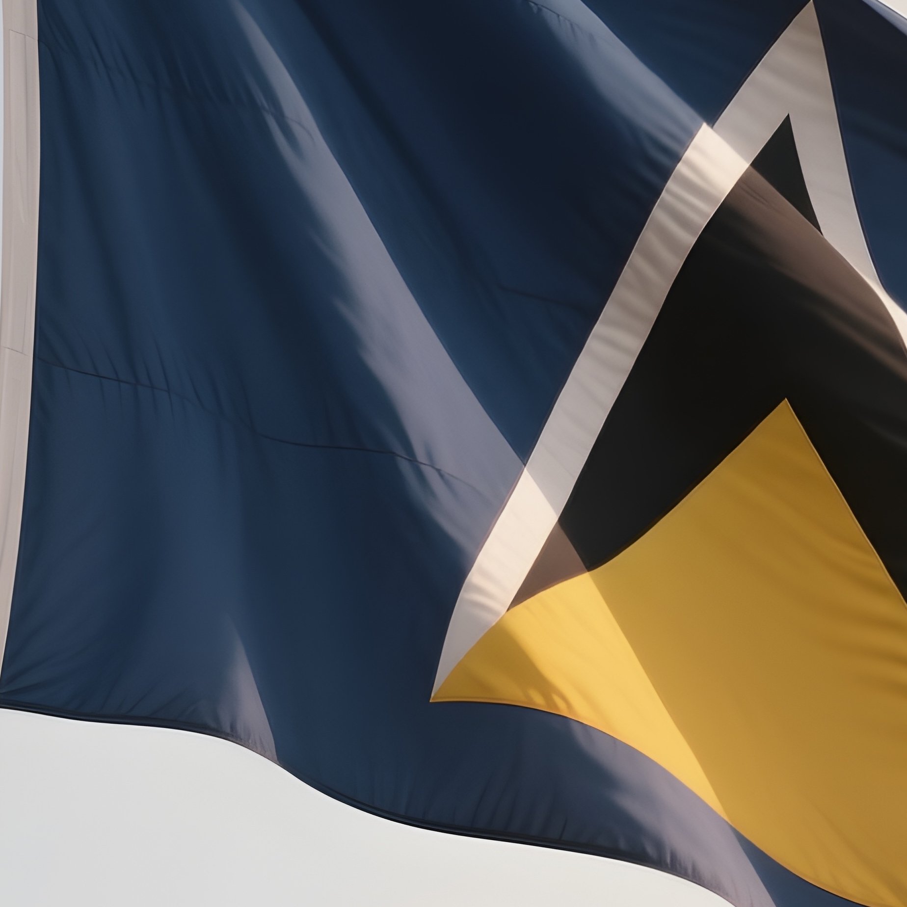 A Photorealistic Scene Of The National Flag Of Saint Lucia Flying At Half Mast On A Tall Flagpole, Gently Lowering In The Wind Against A Respectful, Calm Backdrop With Soft Natural Lighting. - Full Resolution Quality Preview