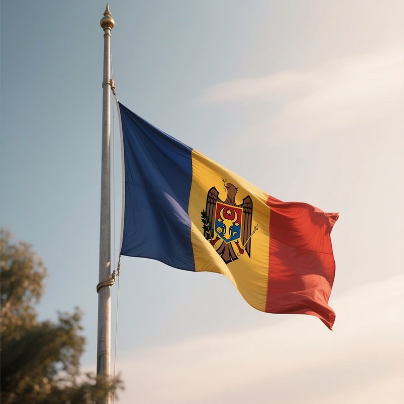 A Photorealistic Scene Of The National Flag Of Moldova Flying At Half Mast On A Tall Flagpole, Gently Lowering In The Wind Against A Respectful, Calm Backdrop With Soft Natural Lighting.
