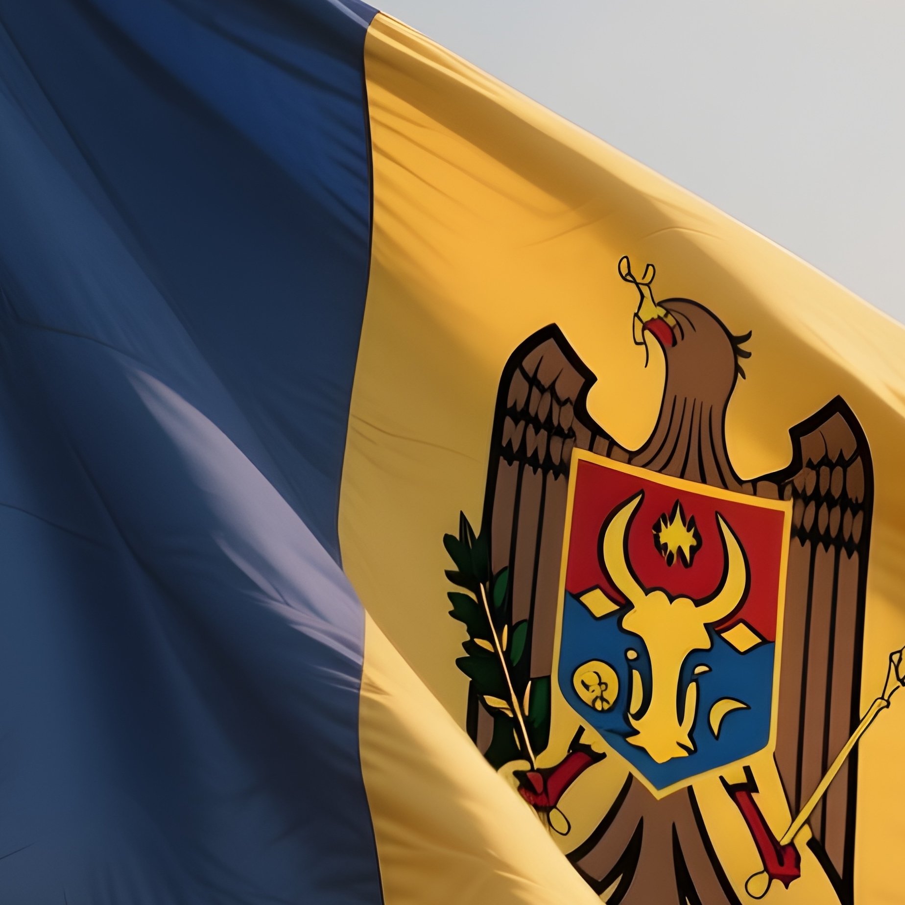 A Photorealistic Scene Of The National Flag Of Moldova Flying At Half Mast On A Tall Flagpole, Gently Lowering In The Wind Against A Respectful, Calm Backdrop With Soft Natural Lighting. - Full Resolution Quality Preview