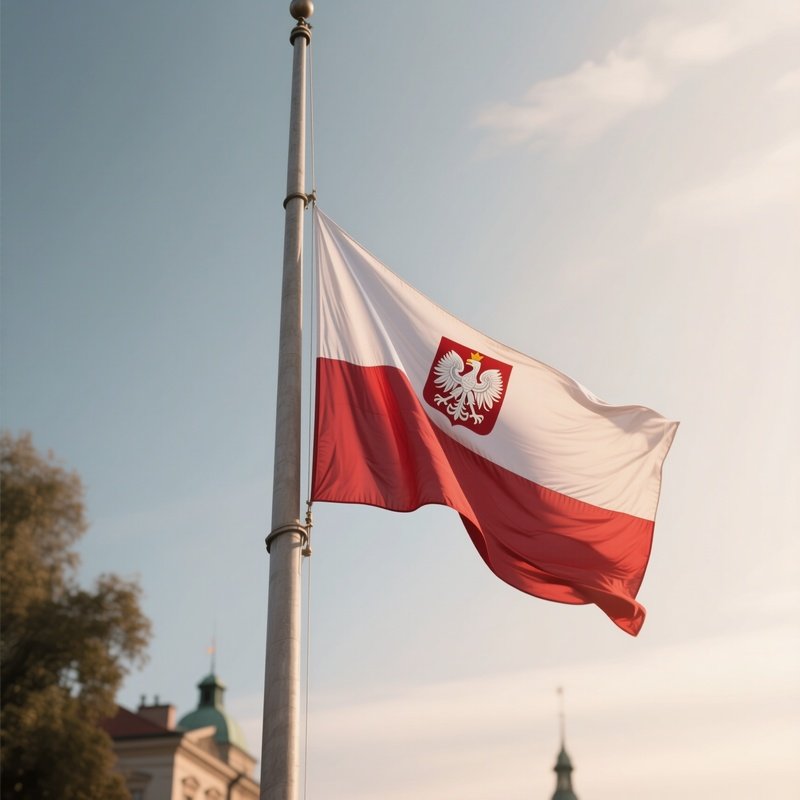 A Photorealistic Scene Of The National Flag Of Poland Flying At Half Mast On A Tall Flagpole, Gently Lowering In The Wind Against A Respectful, Calm Backdrop With Soft Natural Lighting.