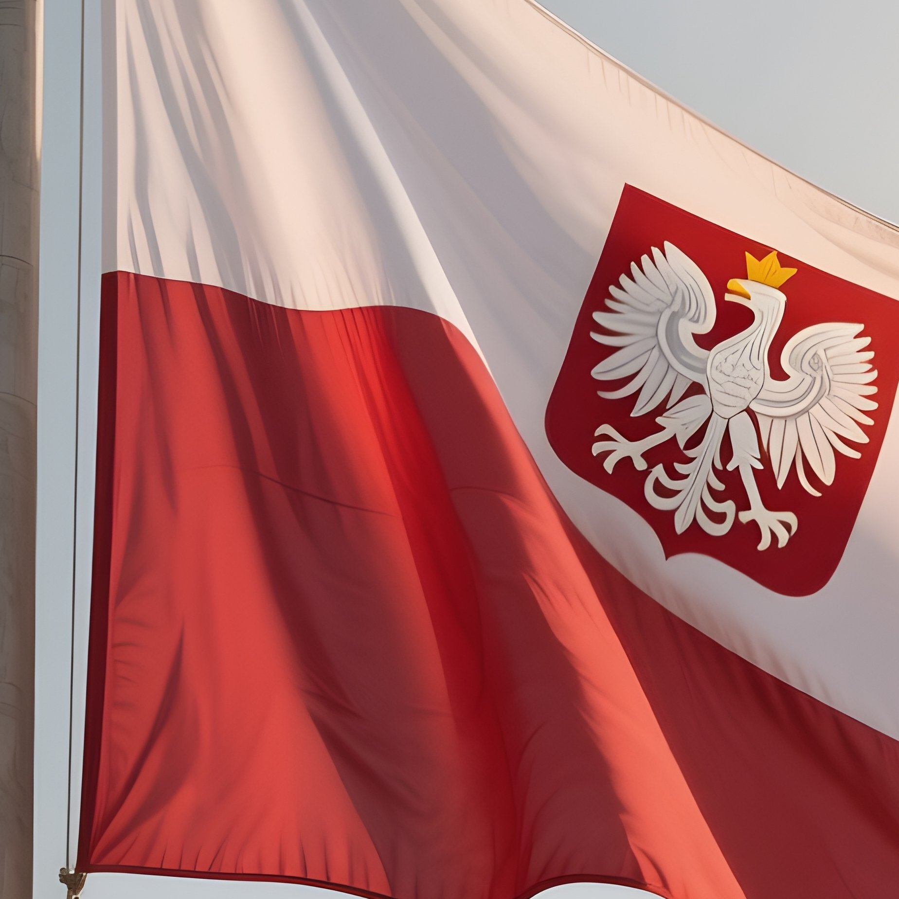 A Photorealistic Scene Of The National Flag Of Poland Flying At Half Mast On A Tall Flagpole, Gently Lowering In The Wind Against A Respectful, Calm Backdrop With Soft Natural Lighting. - Full Resolution Quality Preview