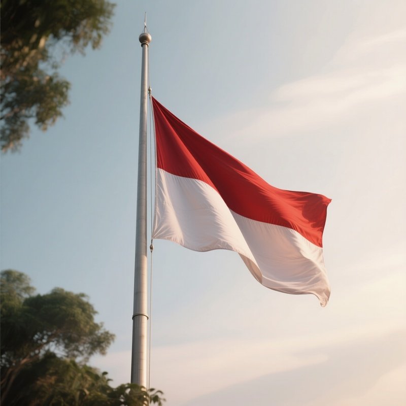 A Photorealistic Scene Of The National Flag Of Indonesia Flying At Half Mast On A Tall Flagpole, Gently Lowering In The Wind Against A Respectful, Calm Backdrop With Soft Natural Lighting.