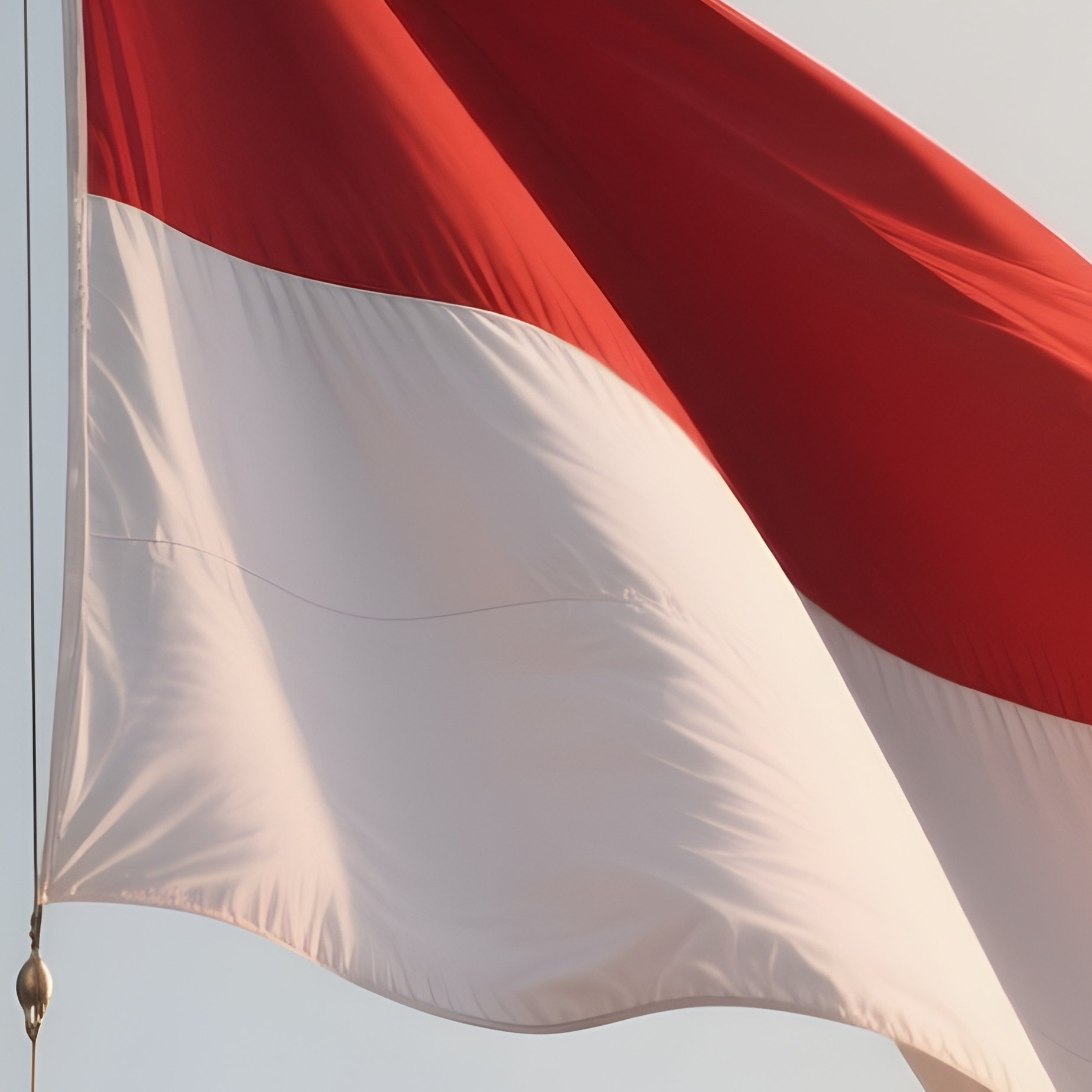 A Photorealistic Scene Of The National Flag Of Indonesia Flying At Half Mast On A Tall Flagpole, Gently Lowering In The Wind Against A Respectful, Calm Backdrop With Soft Natural Lighting. - Full Resolution Quality Preview