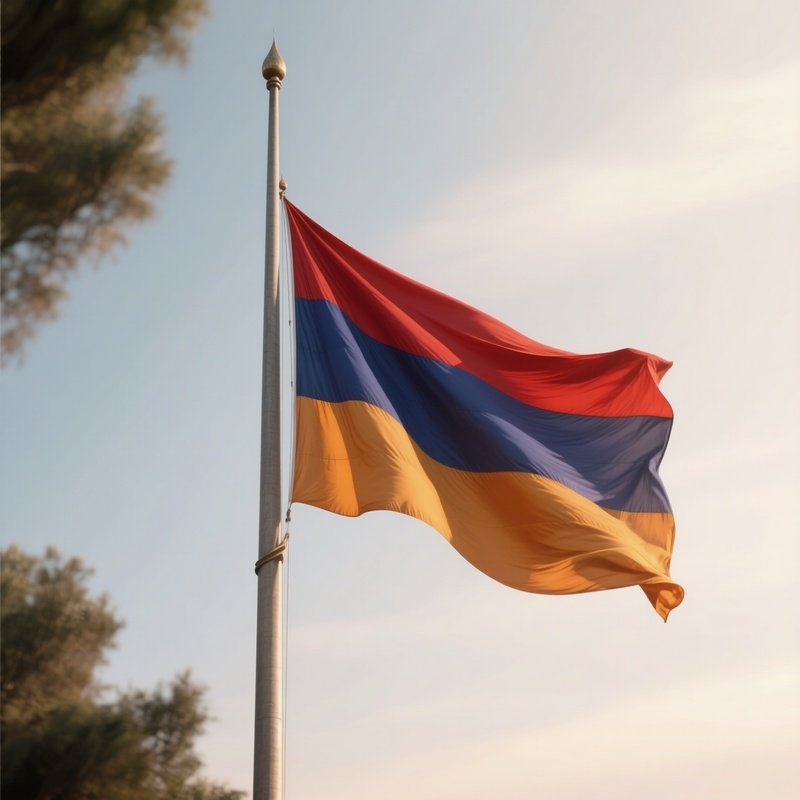 A Photorealistic Scene Of The National Flag Of Armenia Flying At Half Mast On A Tall Flagpole, Gently Lowering In The Wind Against A Respectful, Calm Backdrop With Soft Natural Lighting.