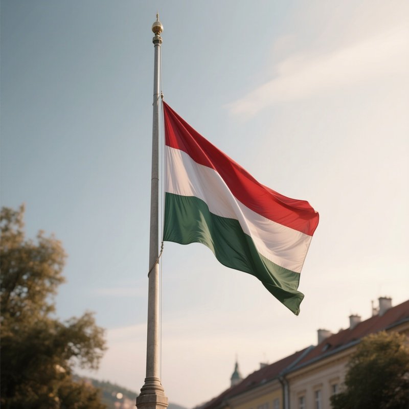 A Photorealistic Scene Of The National Flag Of Hungary Flying At Half Mast On A Tall Flagpole, Gently Lowering In The Wind Against A Respectful, Calm Backdrop With Soft Natural Lighting.