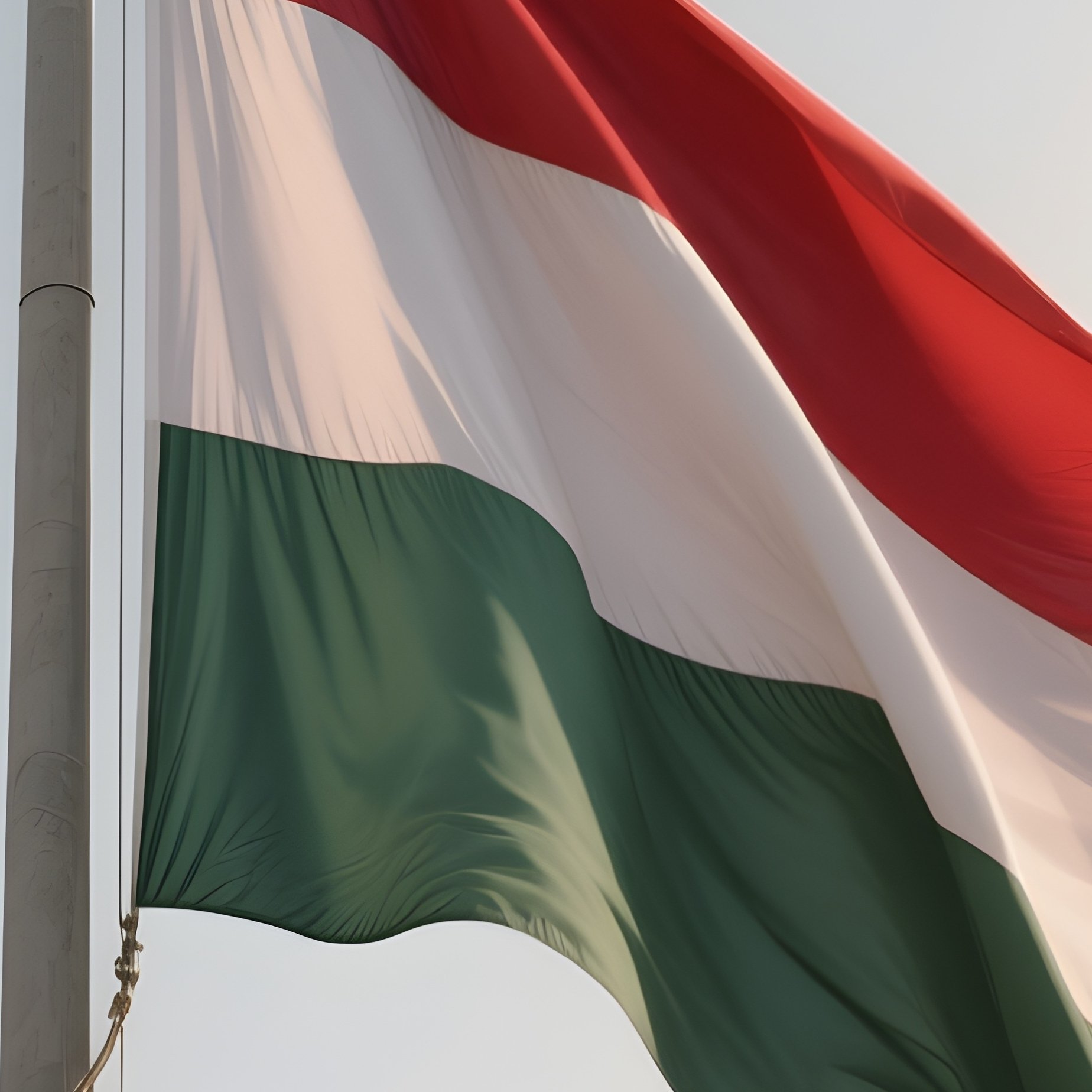 A Photorealistic Scene Of The National Flag Of Hungary Flying At Half Mast On A Tall Flagpole, Gently Lowering In The Wind Against A Respectful, Calm Backdrop With Soft Natural Lighting. - Full Resolution Quality Preview