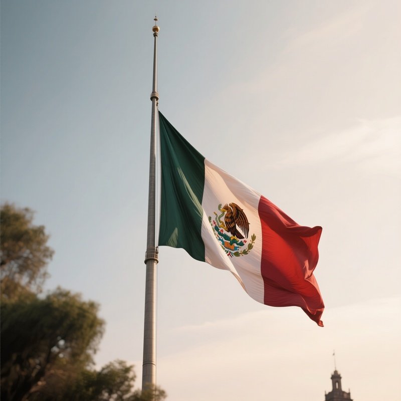 A Photorealistic Scene Of The National Flag Of Mexico Flying At Half Mast On A Tall Flagpole, Gently Lowering In The Wind Against A Respectful, Calm Backdrop With Soft Natural Lighting.