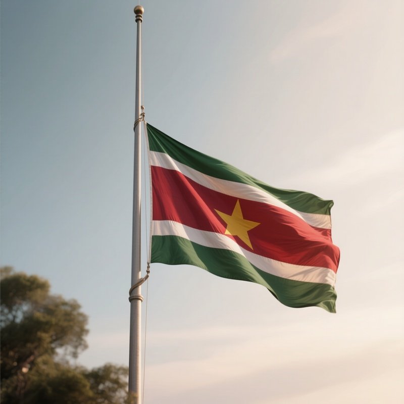 A Photorealistic Scene Of The National Flag Of Suriname Flying At Half Mast On A Tall Flagpole, Gently Lowering In The Wind Against A Respectful, Calm Backdrop With Soft Natural Lighting.